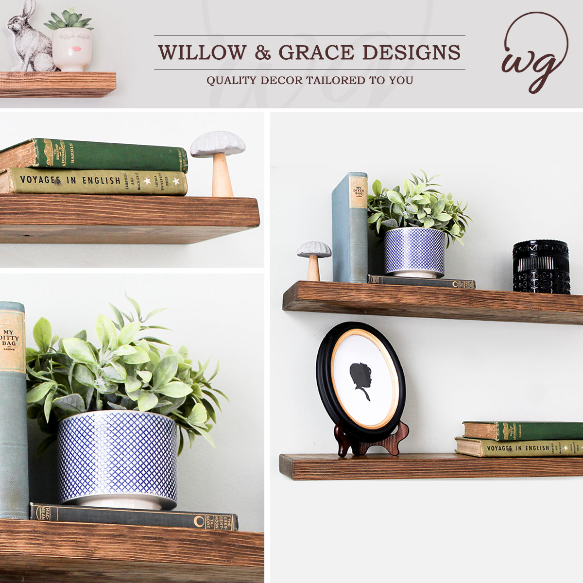 Connie (Light Walnut) - Floating Shelves, Rustic Wood Shelves Wall