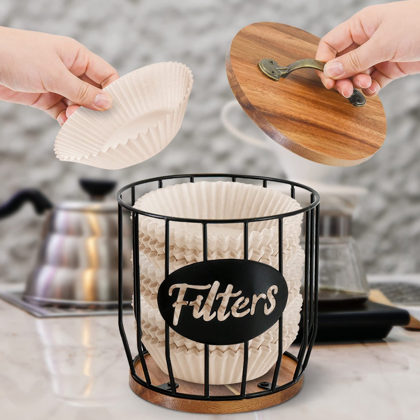 Rustic Coffee Filter Holder with Lid, Acacia Coffee Filter Holder