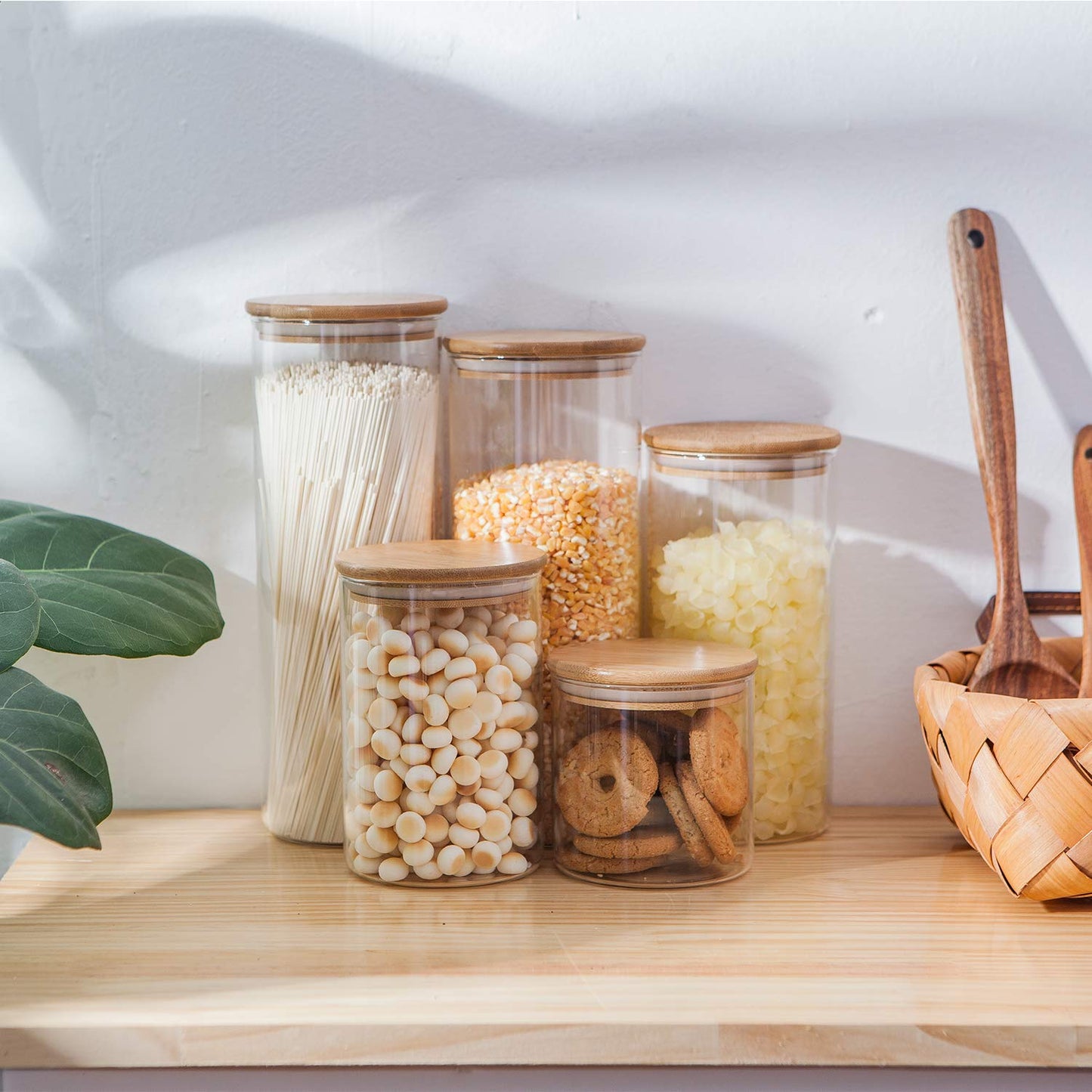 Glass Food Storage Containers, Food Jars with Bamboo Wooden Lids - Set