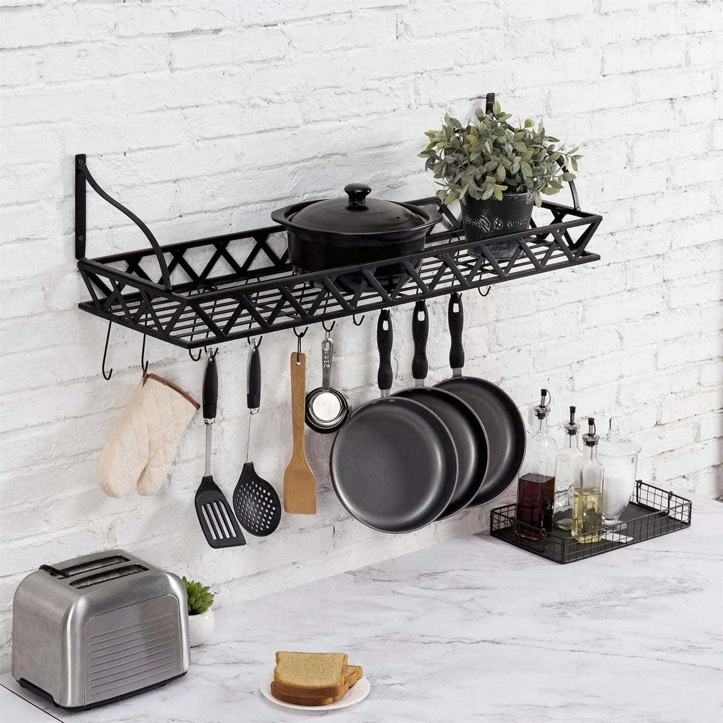 Black Metal Rectangular Wall Mounted Kitchen Pot Rack with 12 Hanging
