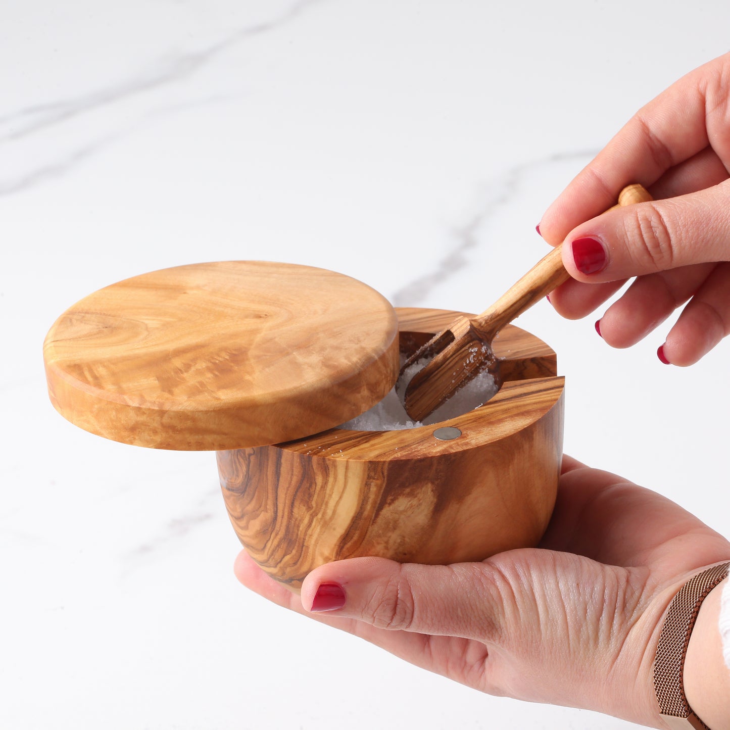 Handmade Olive Wood Salt Cellar with Scoop and Magnetic Lid