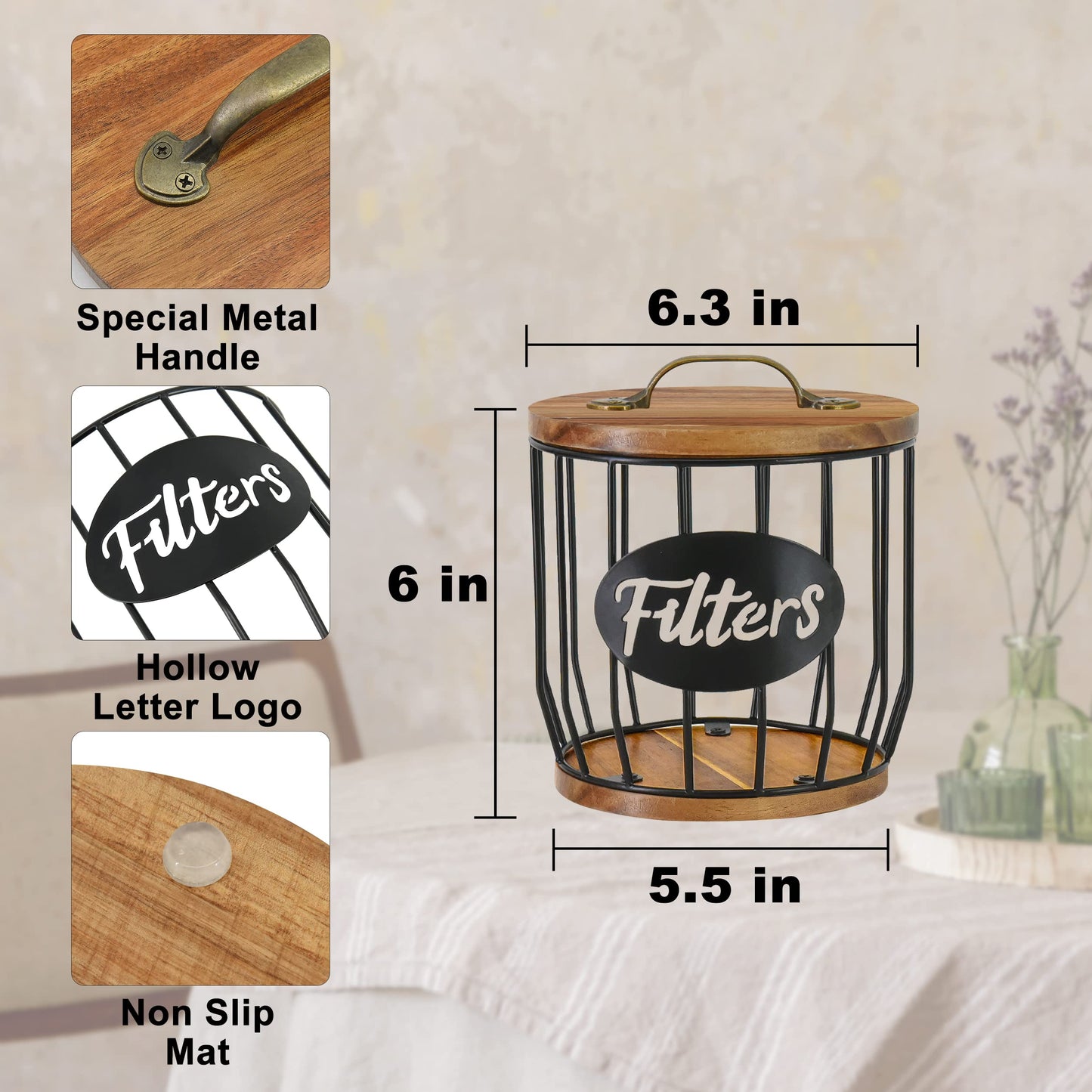 Rustic Coffee Filter Holder with Lid, Acacia Coffee Filter Holder