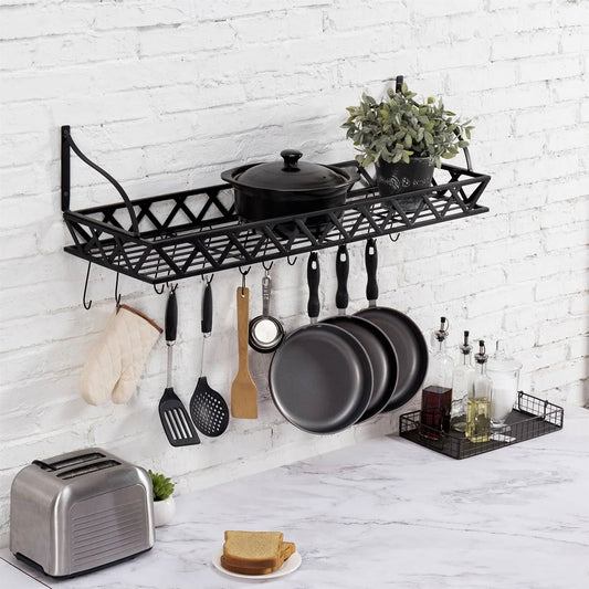 Black Metal Rectangular Wall Mounted Kitchen Pot Rack with 12 Hanging